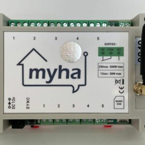 Myha centrale domotique sans wifi version PRO (filaire + radio), à installer dans votre tableau électrique vous permet de connecter votre maison tout simplement avec votre téléphone et en envoyant des SMS en langage naturel