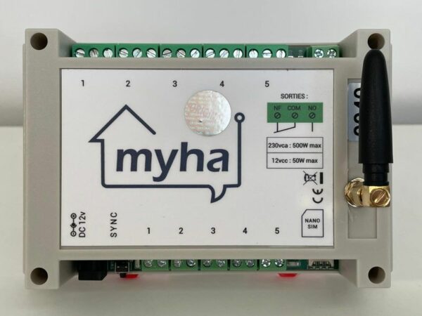 Myha centrale domotique sans wifi version PRO (filaire + radio), à installer dans votre tableau électrique vous permet de connecter votre maison tout simplement avec votre téléphone et en envoyant des SMS en langage naturel