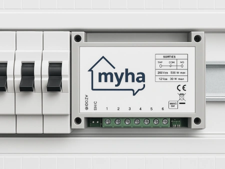Myha centrale domotique sans internet version pro. Peut se mettre dans le tableau électrique : cette version est mixte (filaire et radio)
