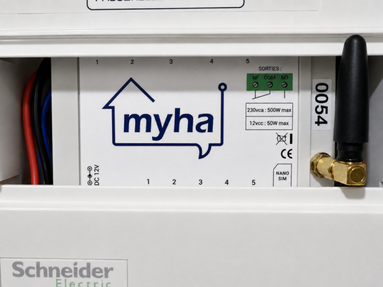 Centrale domotique Myha installée dans un tableau électrique permettant de piloter une maison à distance par SMS, sans connexion Internet, sans Cloud
